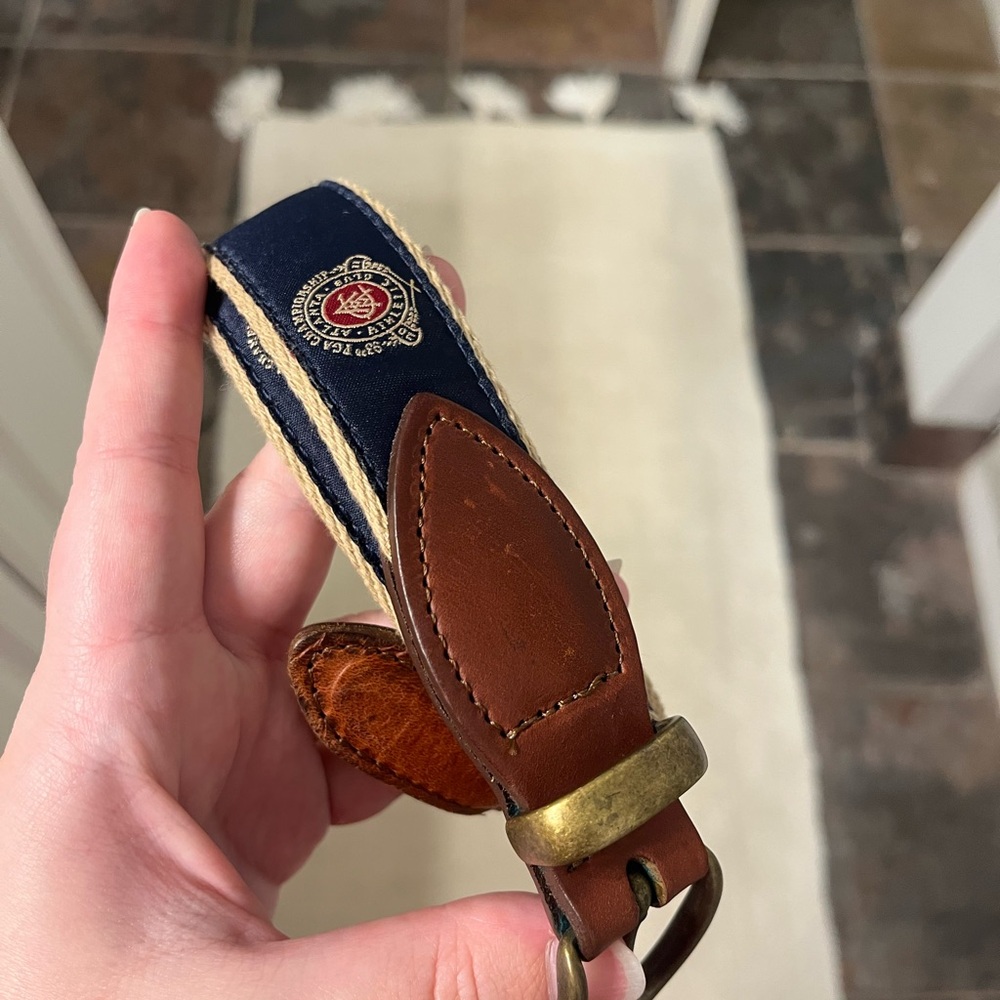Brown and Navy Leather Belt with Brass Buckle